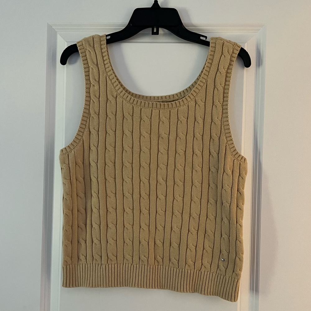 Tommy Hilfiger Beige Cable Knit Sweater Tank Top Size L 100% Cotton